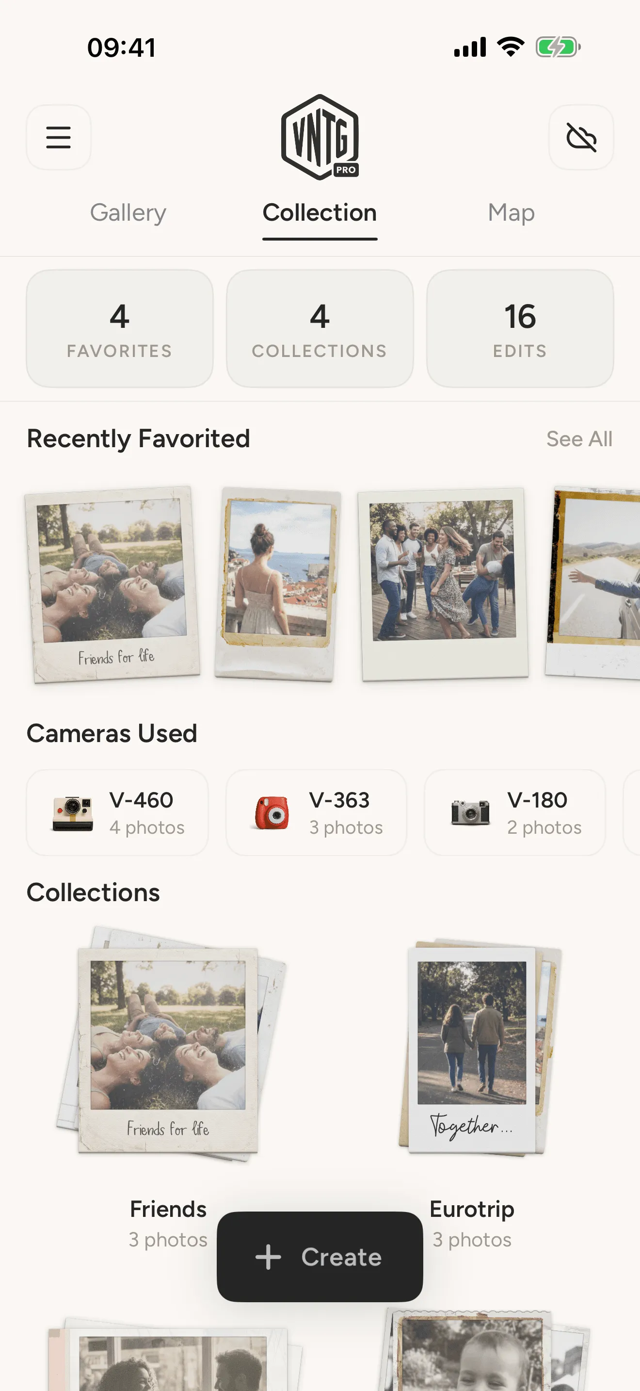 The Collection tab showing favorites, collections, and the cameras used