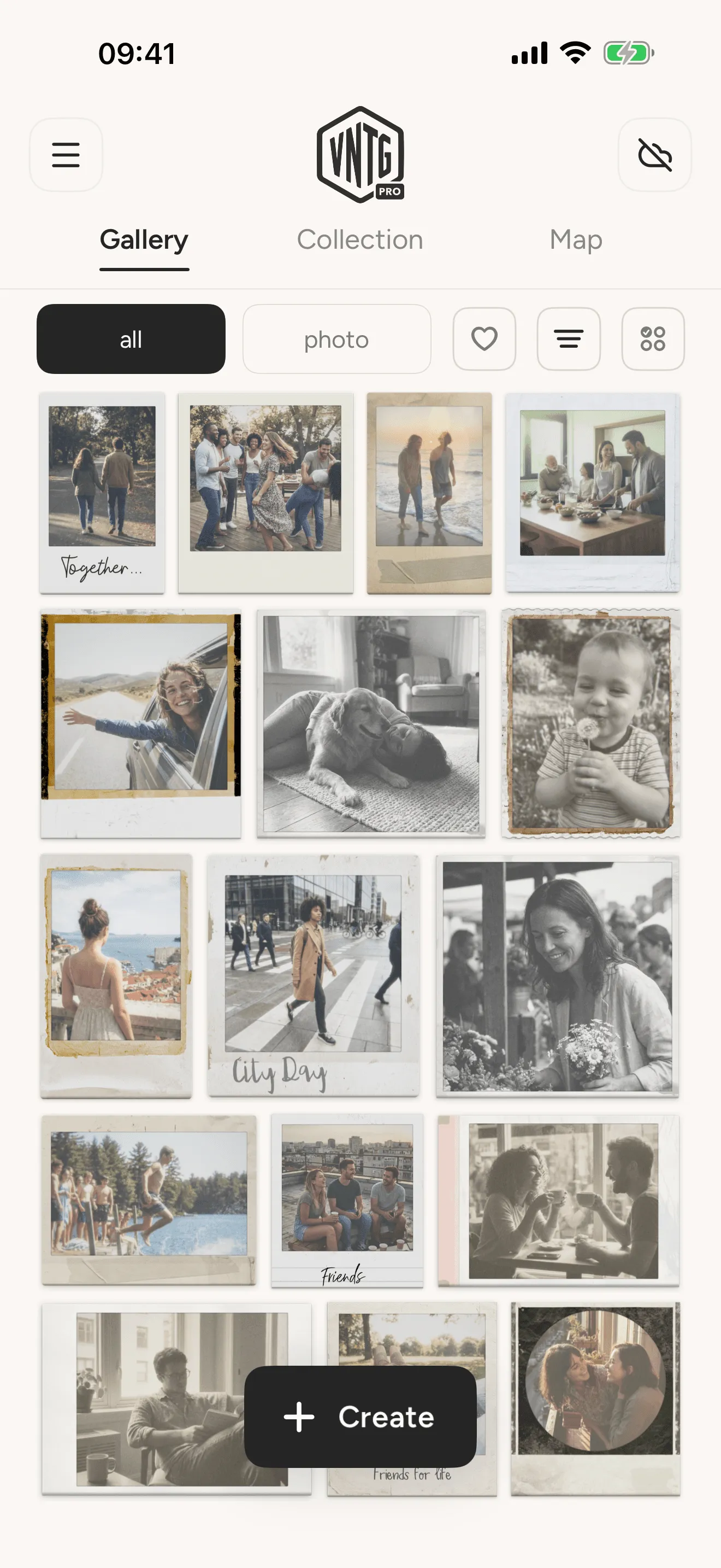 The VNTG gallery, a grid of photos each rendered on a different film camera