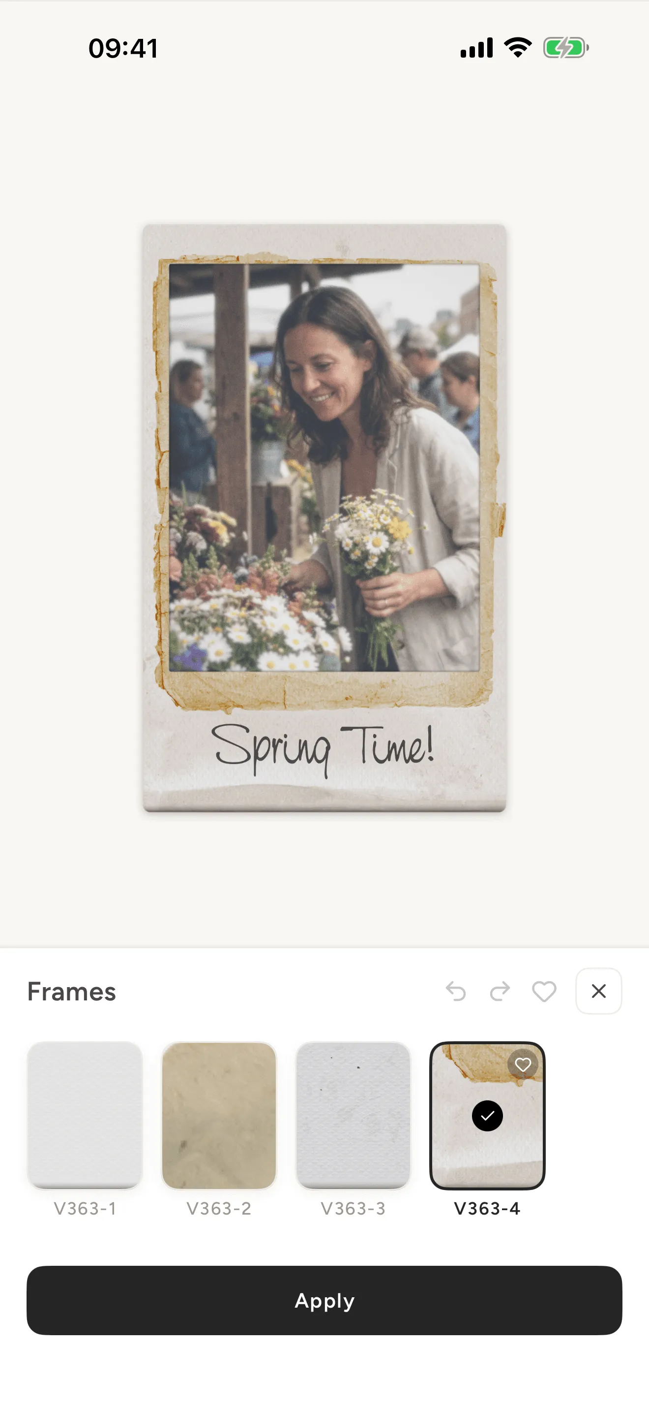 The VNTG editor with a photo in a worn film frame and the frame picker open