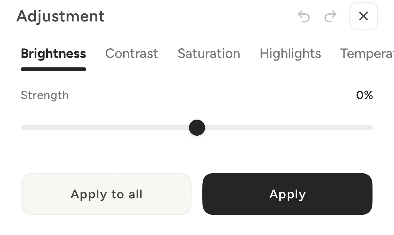 The adjustment panel with brightness, contrast, saturation and highlight controls