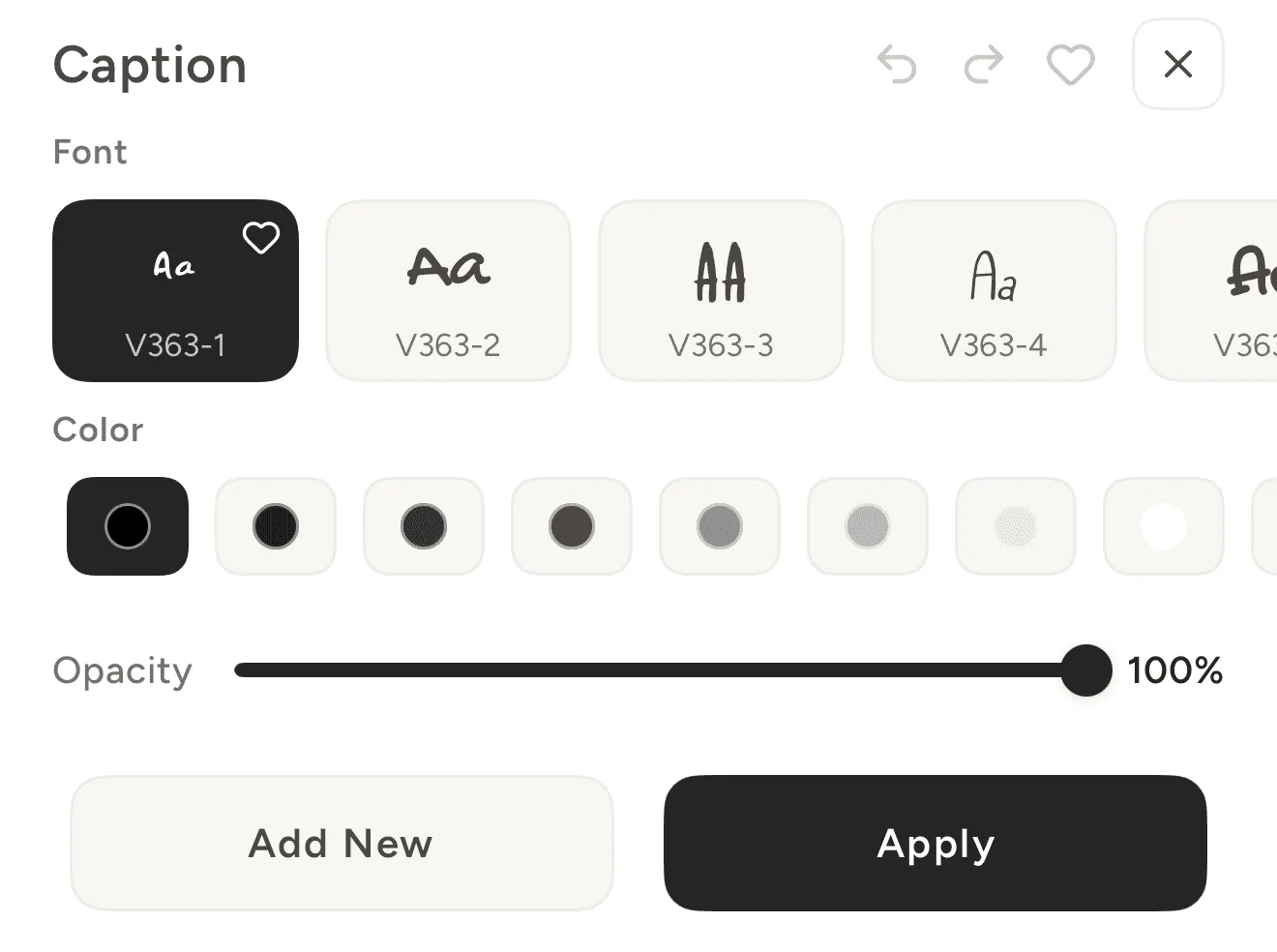 The caption panel with period fonts, colour swatches, and an opacity slider