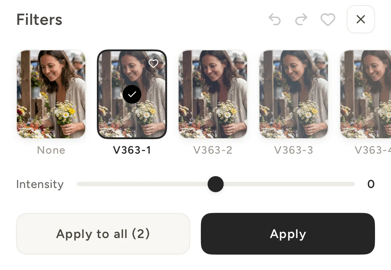 The filters panel previewing analog looks across a strip of thumbnails