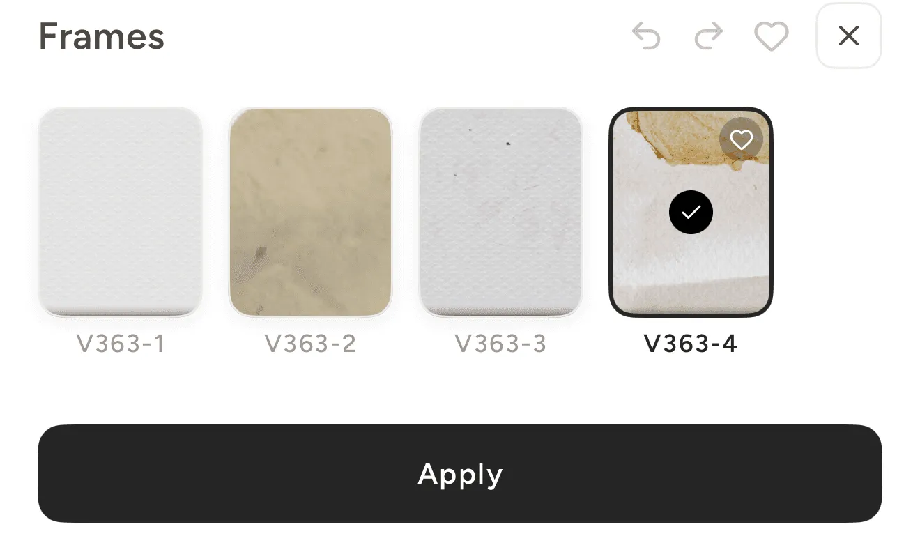 The frames panel offering four border textures for the V-363