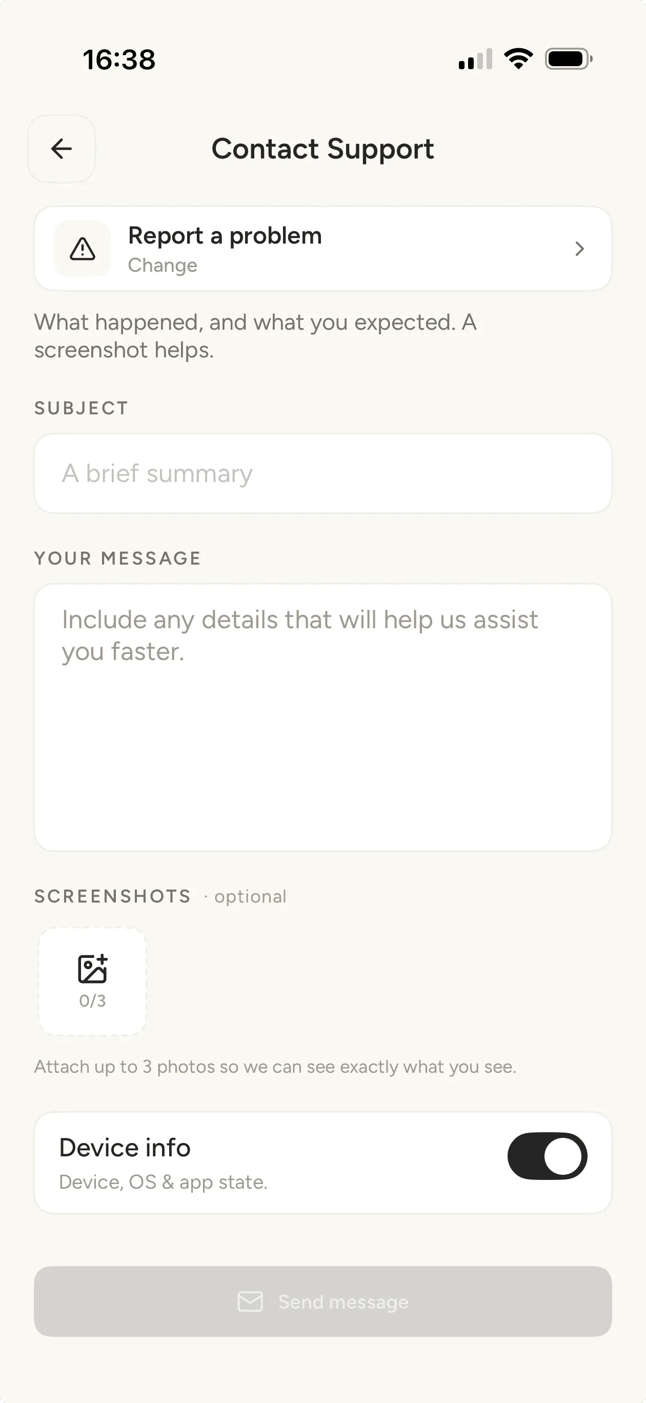 The support message form with subject, message, and optional screenshots