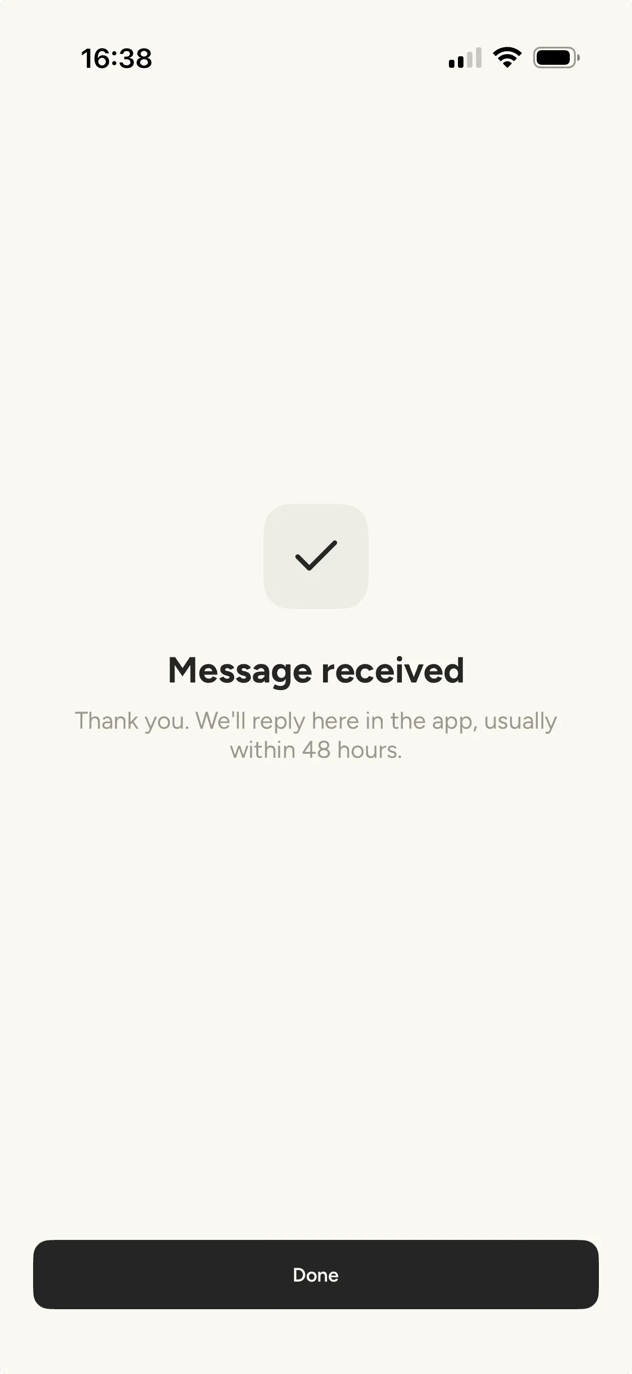 Confirmation screen reading message received, we will reply in the app within 48 hours