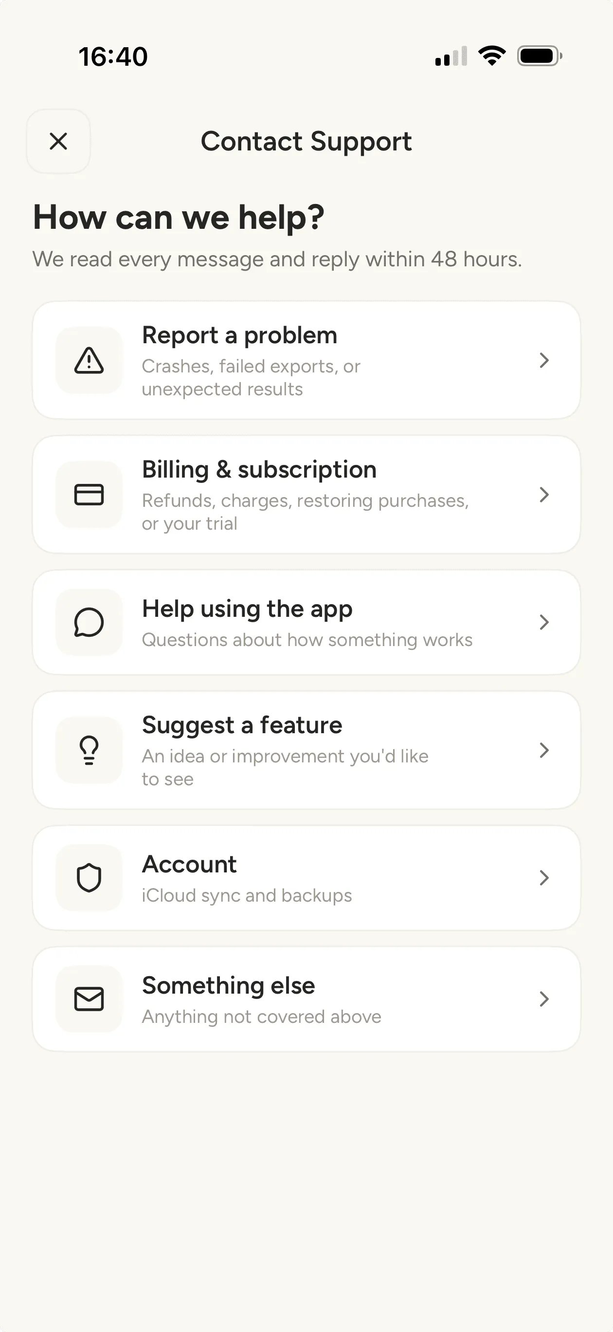 The Contact Support screen listing topics: report a problem, billing, help using the app, suggest a feature